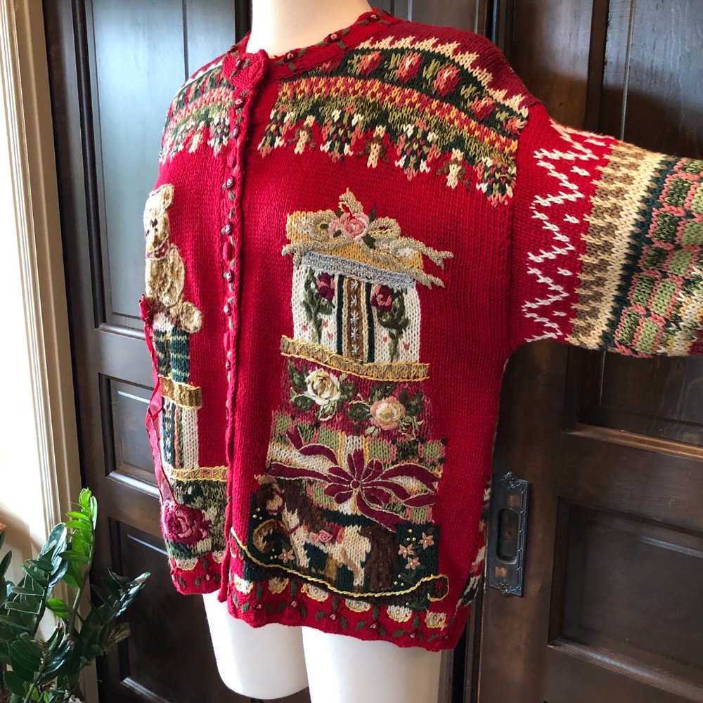 Vintage Tiara Petites Size PM Red Cardigan Sweater 2000 Teddy Bear Fair Isle - Picture 5 of 13
